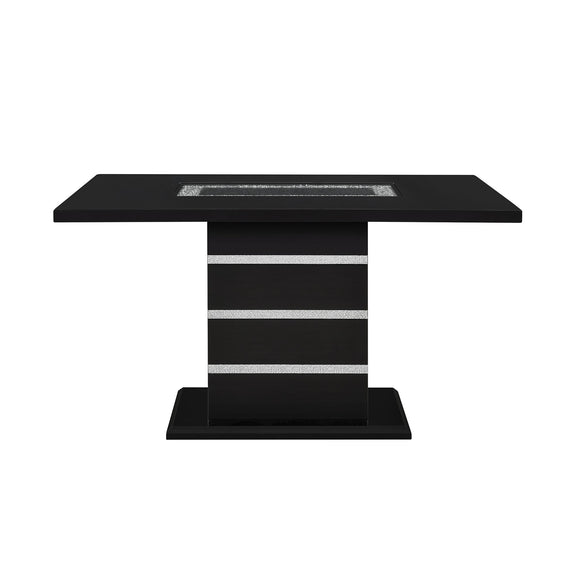 Black bar table with square top and pedestal base, metallic stripe inset