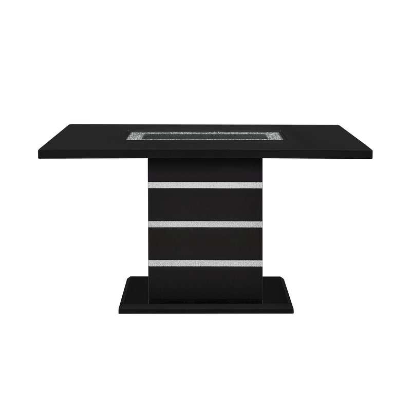 Black bar table with square top and pedestal base, metallic stripe inset