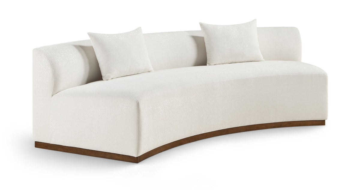 104-inch chenille upholstered sofa in white fabric with three back cushions and dark wood base.
