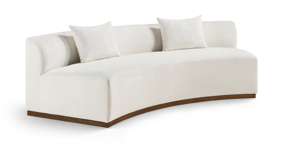 104-inch chenille upholstered sofa in white fabric with three back cushions and dark wood base.