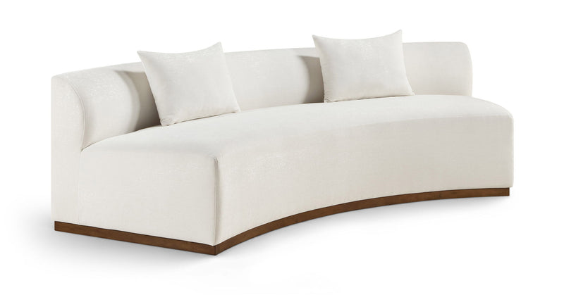 104-inch chenille upholstered sofa in white fabric with three back cushions and dark wood base.