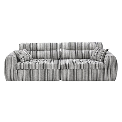 3-seat couch with gray-and-white striped upholstery and matching throw pillows