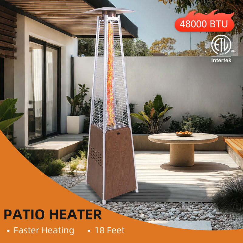 Dark brown patio heater with glowing infrared burner on an outdoor patio
