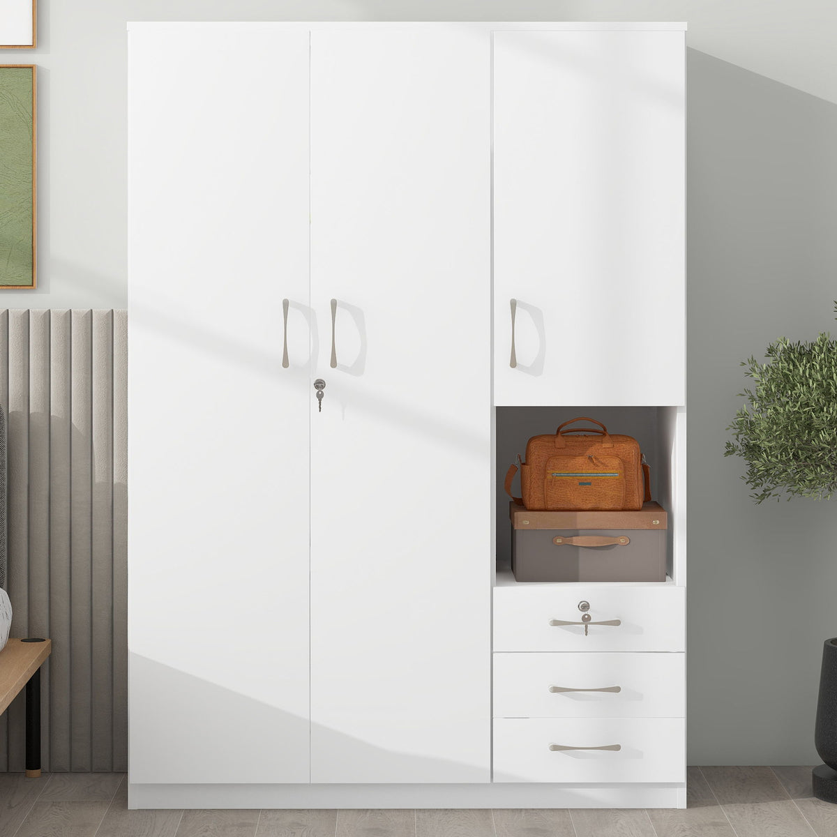 2 Doors Wardrobe Storage For Bedroom With Shelves And 3 Drawers