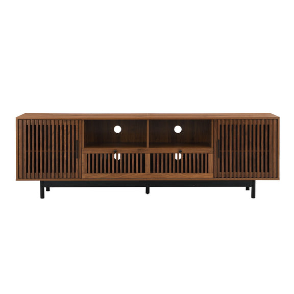 Walnut TV stand with slatted doors and central open shelf, media storage