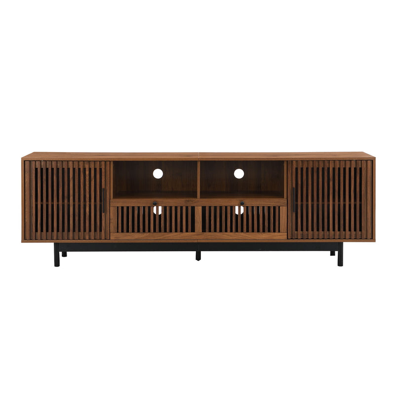 Walnut TV stand with slatted doors and central open shelf, media storage