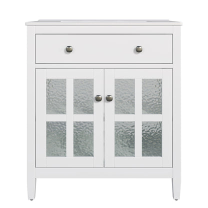 White bathroom vanity with ceramic sink, two-door cabinet with frosted glass panels