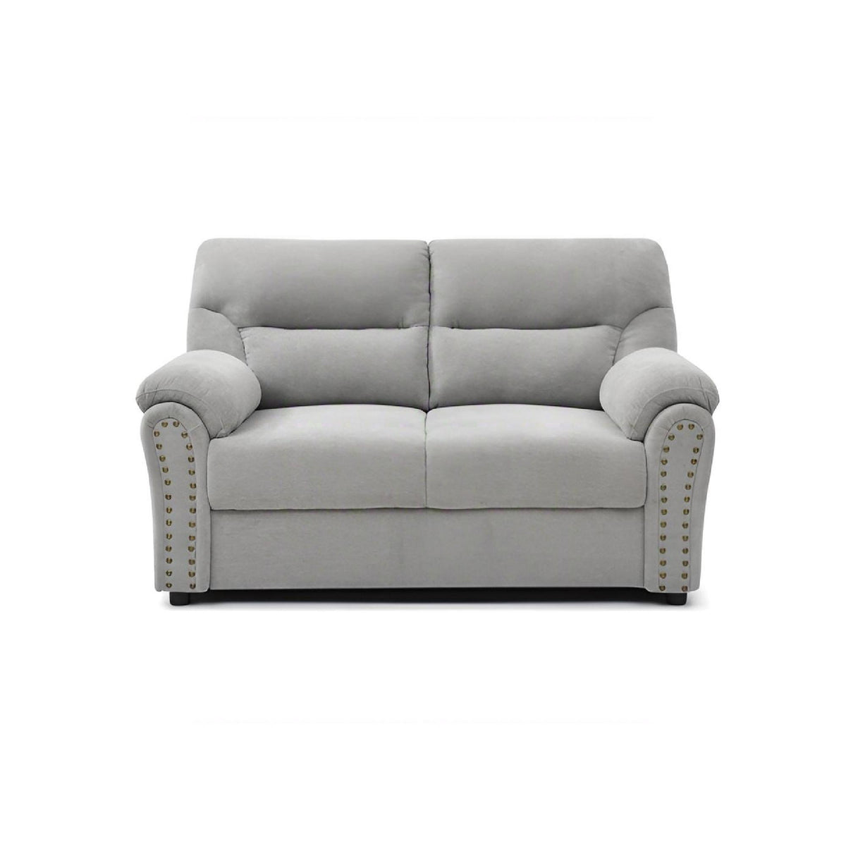 Light gray loveseat with rolled arms, two back cushions, and nailhead trim details