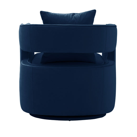 Blue swivel chair with back cushion and wide rounded base