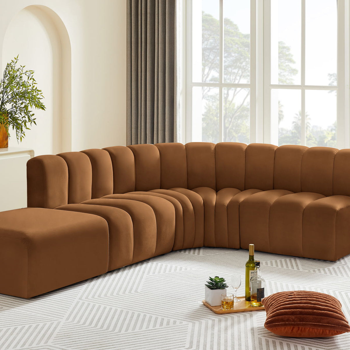 Arc - Velvet 5 Piece Corner Modular Sofa - Saddle