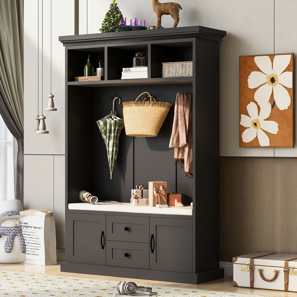 Hall Tree With 3 Hooks, Coat Hanger, Entryway Bench, Storage Bench, 3 In 1 Design