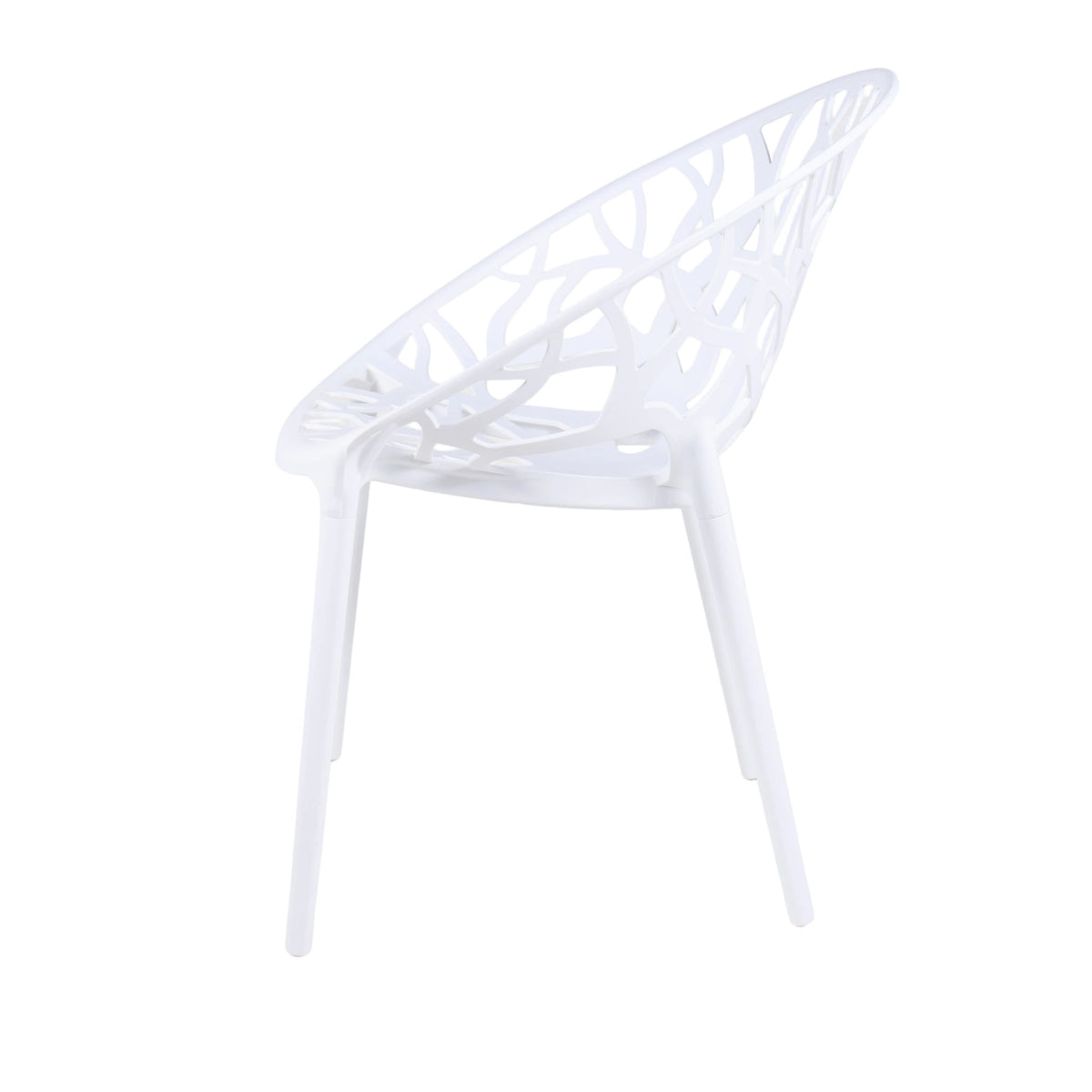 White dining chair with cutout transparent-style shell back and armless seat