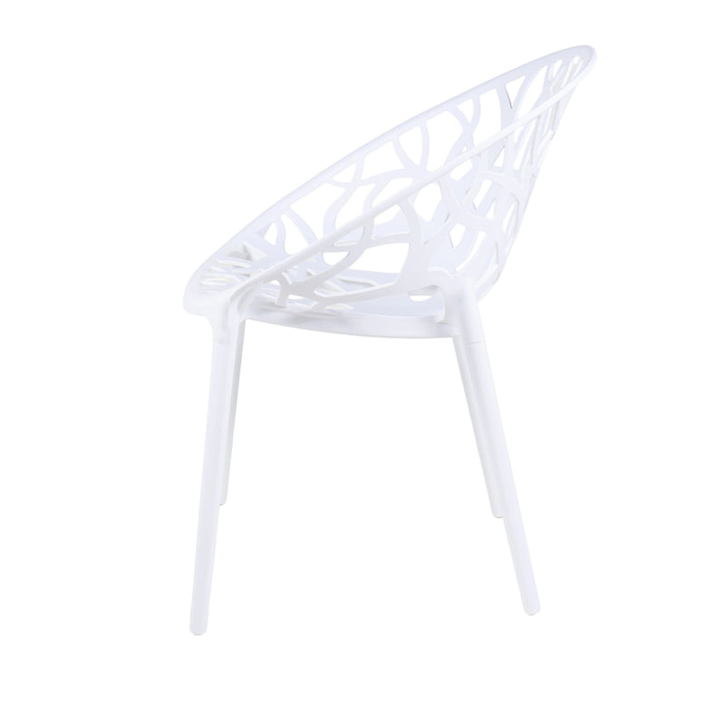 White dining chair with cutout transparent-style shell back and armless seat