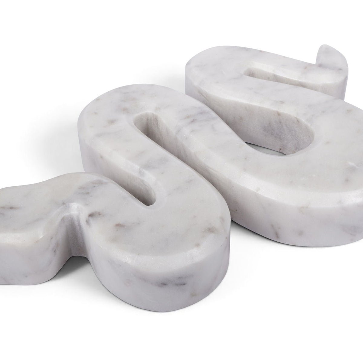 White marble tabletop object sculpture with curved cutouts, 3-piece set