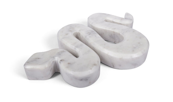White marble tabletop object sculpture with curved cutouts, 3-piece set