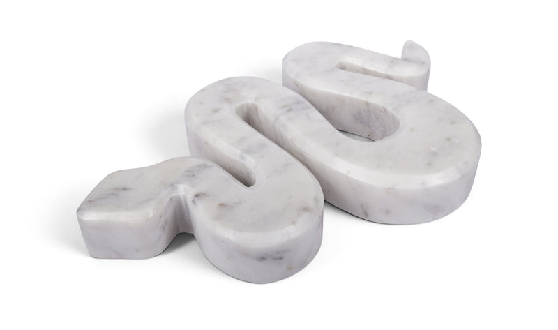 White marble tabletop object sculpture with curved cutouts, 3-piece set