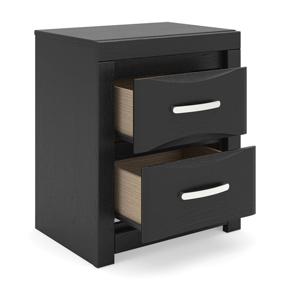 Black two-drawer nightstand with two silver bar handles, drawers pulled open.
