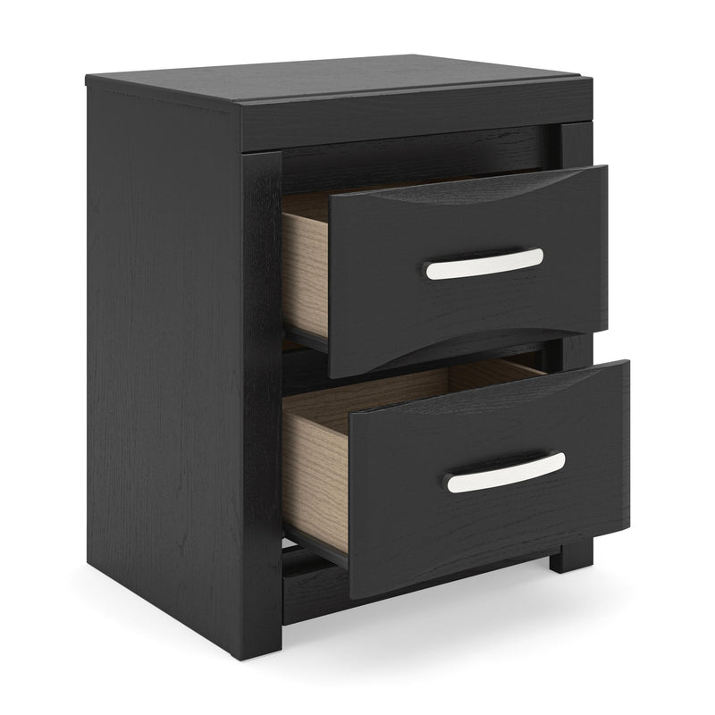 Black two-drawer nightstand with two silver bar handles, drawers pulled open.