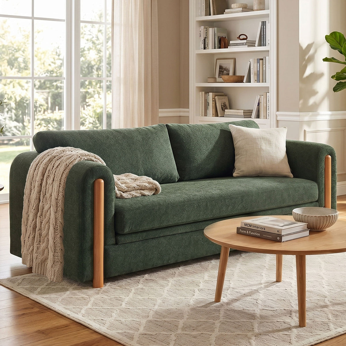 Dark green 3-seat upholstered couch with wooden legs and beige throw pillow
