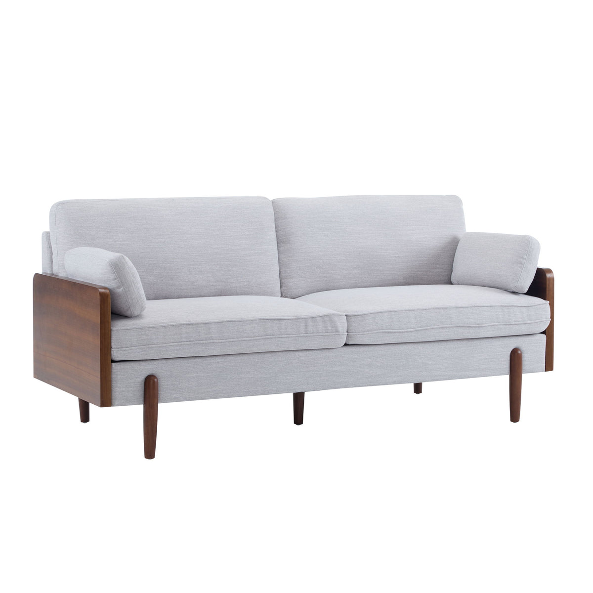 Light gray upholstered sofa with dark wood arm panels and tapered legs
