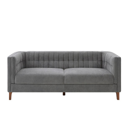 Dark gray upholstered 3-seat sofa with curved armrests and tufted back, wooden legs