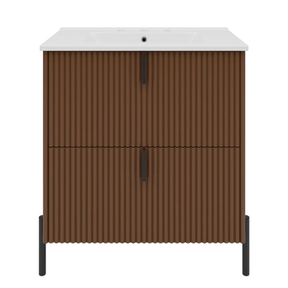 Dark brown fluted bathroom vanity with ceramic sink and two cabinet doors