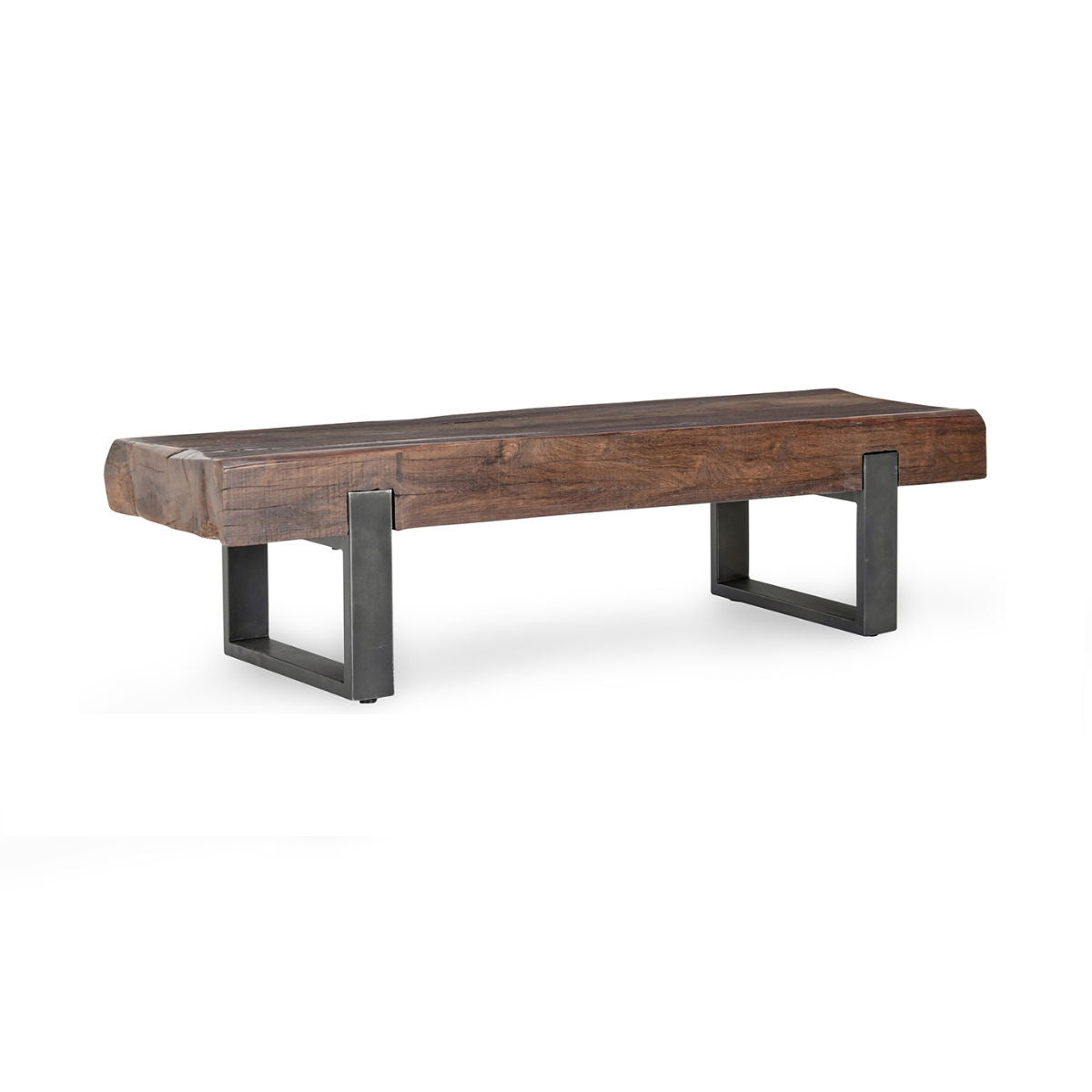 Reclaimed wood bench with thick dark brown plank seat and black metal supports