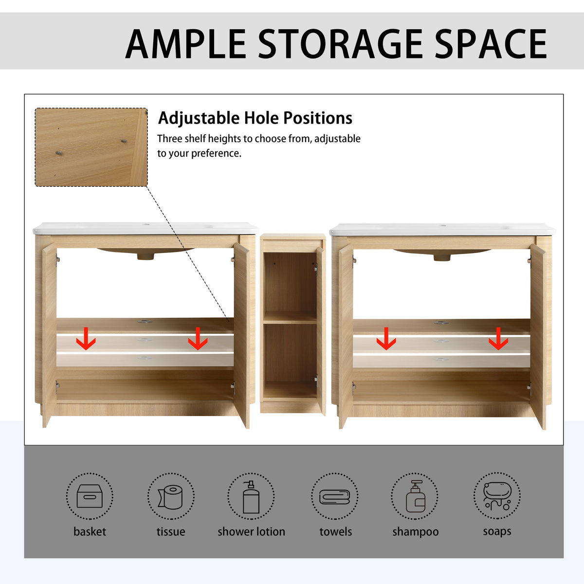92" Freestanding Bathroom Vanity With Sink, 1 Small Storage Cabinet, Soft Close Door - Ameican White Oak