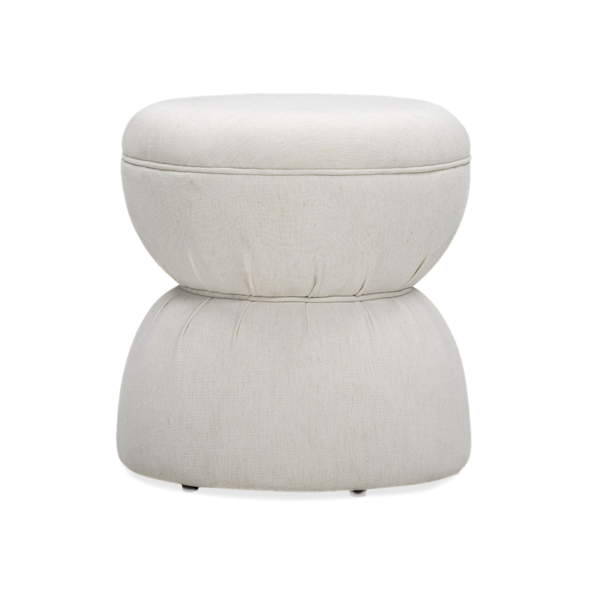 Light beige ruched upholstered ottoman with round padded top and stacked base