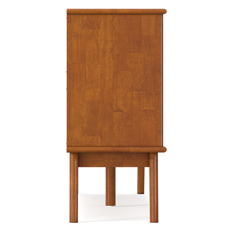 Warm brown wooden low bookcase with tall cabinet-style back and straight legs