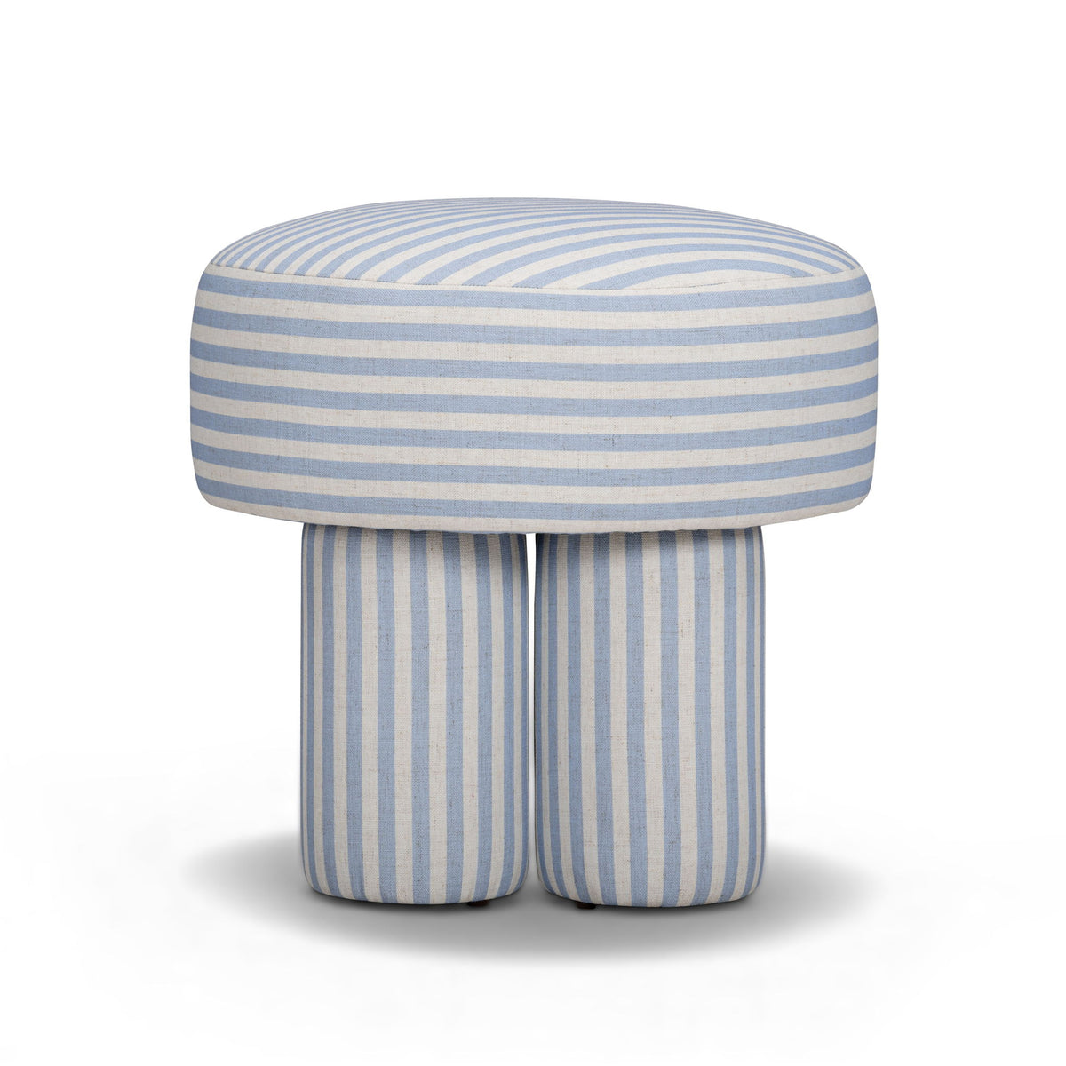 Light blue and gray striped accent stool with round cushioned top and cylindrical base