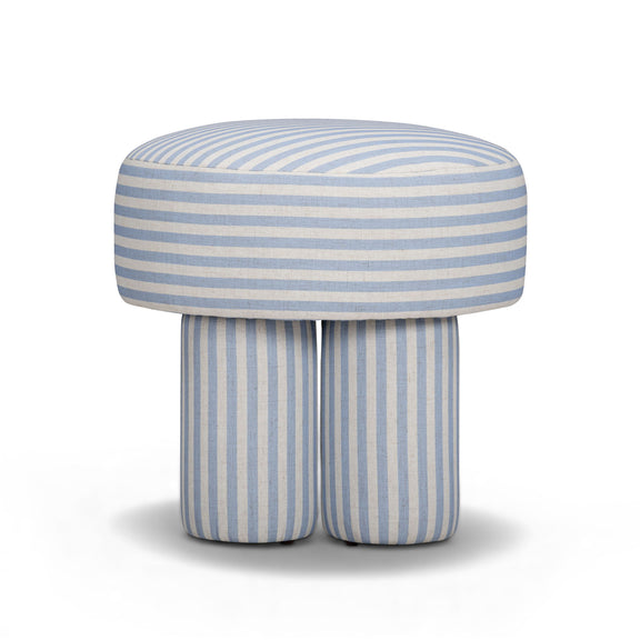 Light blue and gray striped accent stool with round cushioned top and cylindrical base