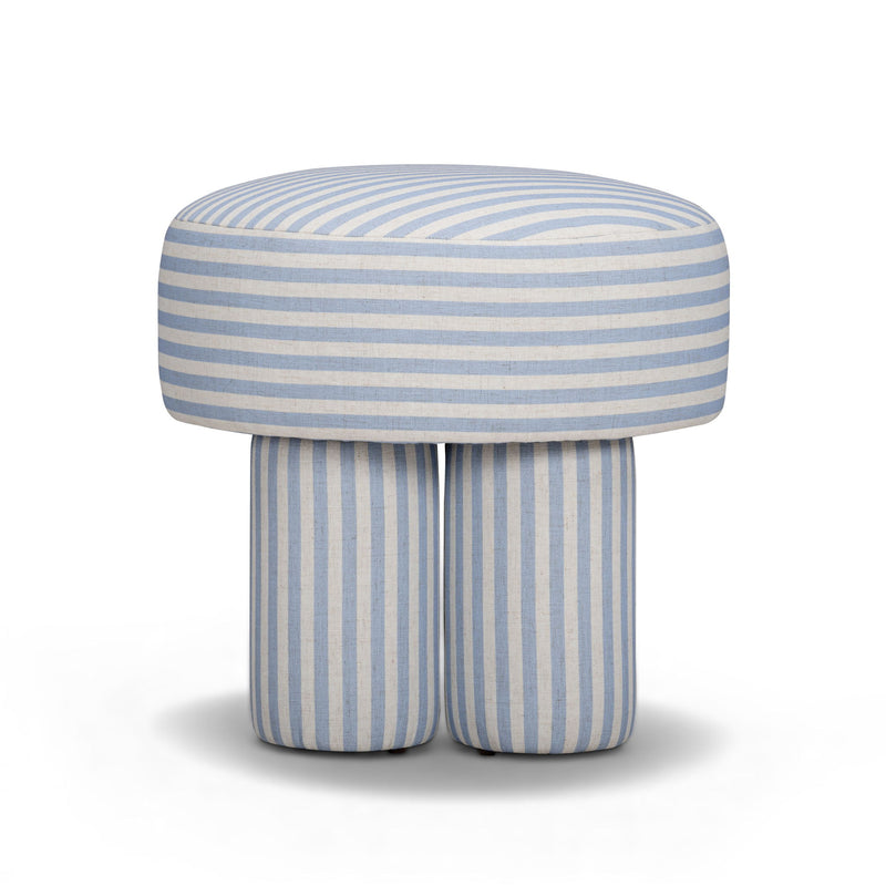 Light blue and gray striped accent stool with round cushioned top and cylindrical base