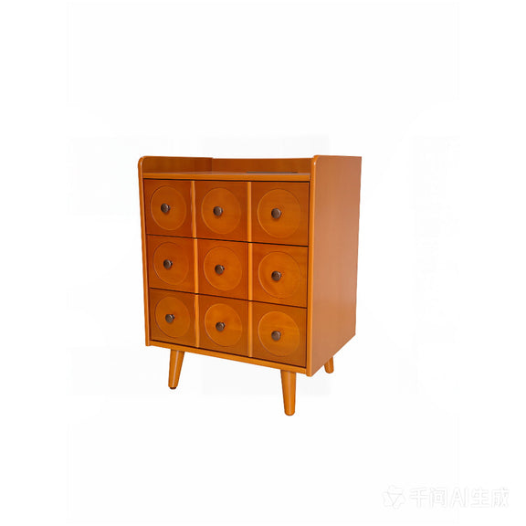 Natural wood end table with nine drawers and round metal knobs