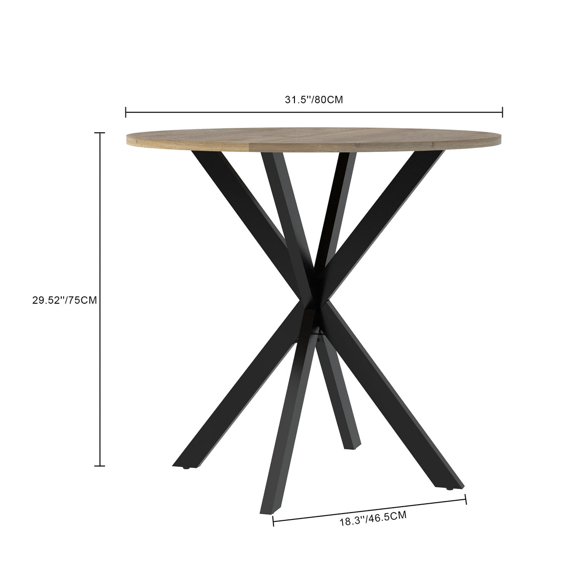 Measured drawing of round dining table with rustic wood top and black X legs