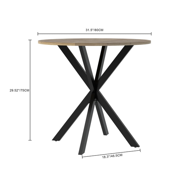 Measured drawing of round dining table with rustic wood top and black X legs
