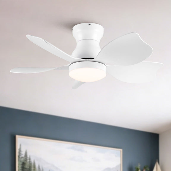 Low profile flush mount ceiling fan with light, white finish and frosted light shade.