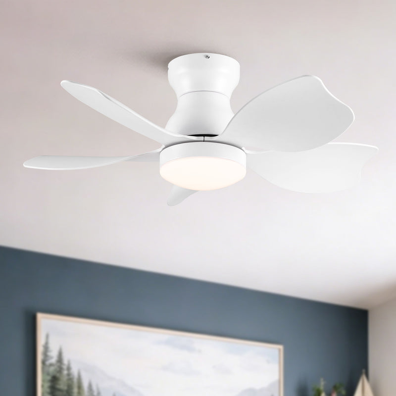 Low profile flush mount ceiling fan with light, white finish and frosted light shade.