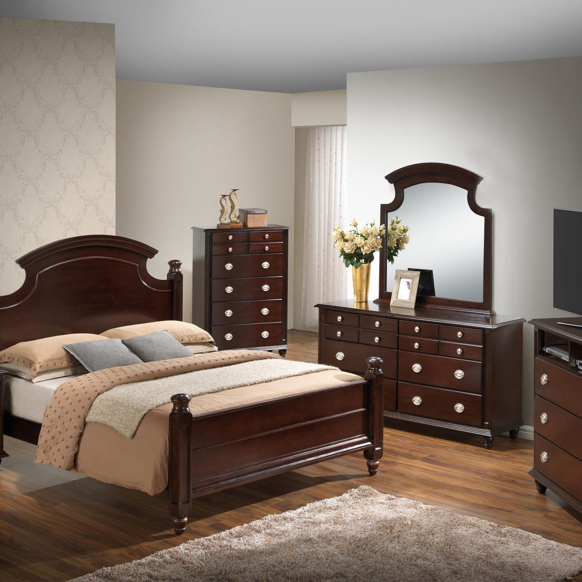Dark brown hand-carved bed frame with arched headboard and matching footboard rails