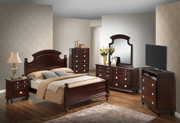 Dark brown hand-carved bed frame with arched headboard and matching footboard rails