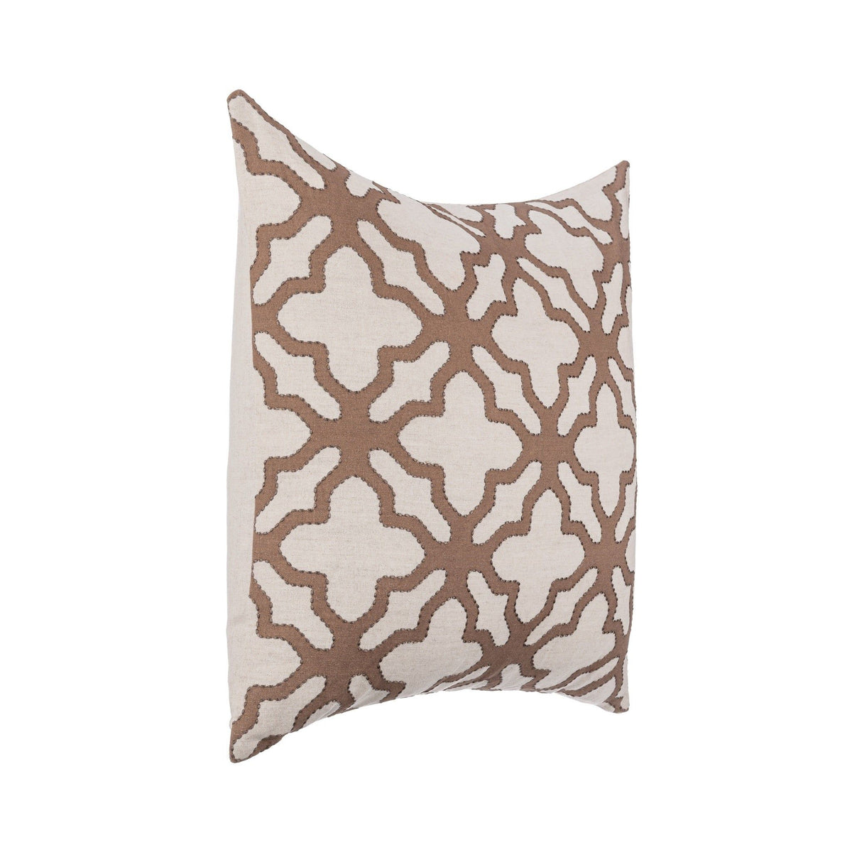 22x22 decorative throw pillow with brown and cream trellis lattice pattern, angled