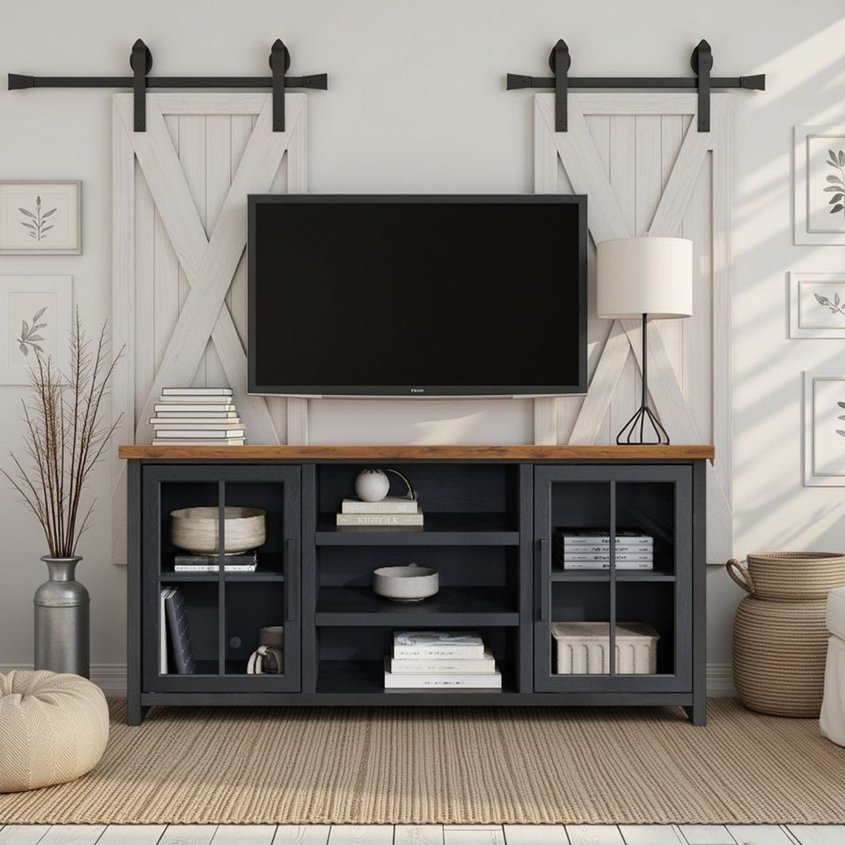 Essex - TV Stand Console For TVs Up To 80" - Black, Whiskey