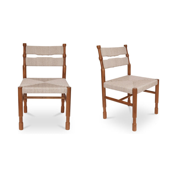 Natural wooden outdoor dining chair with beige woven seat and back slats, front view