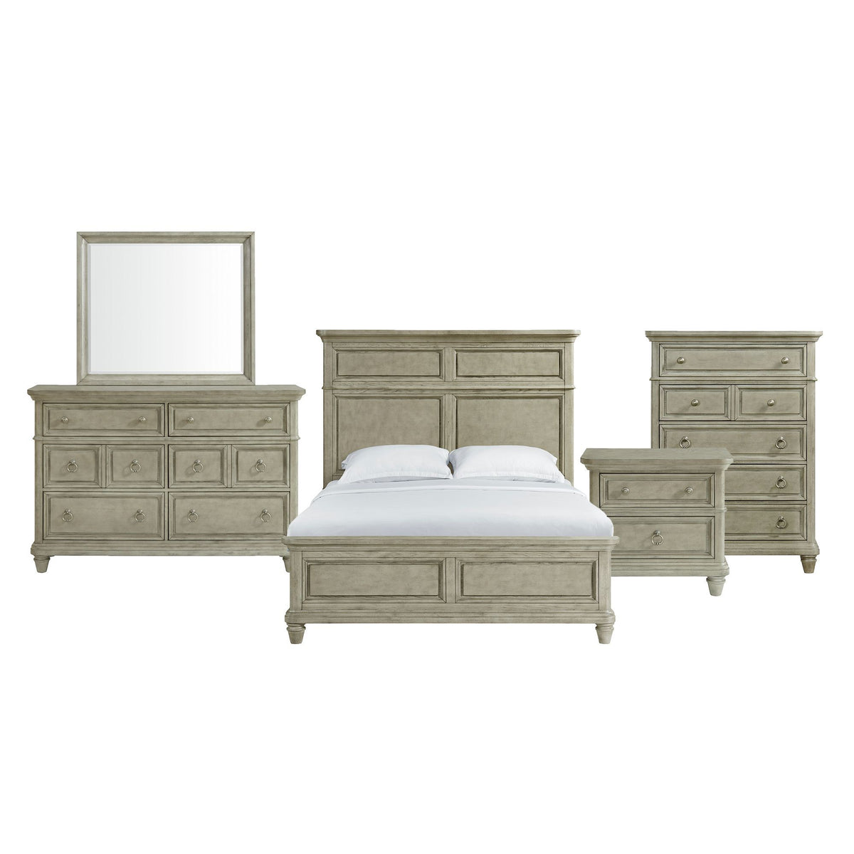 Whit-Ash panel bedroom set: light gray bed with nightstands, dresser, and wall mirror