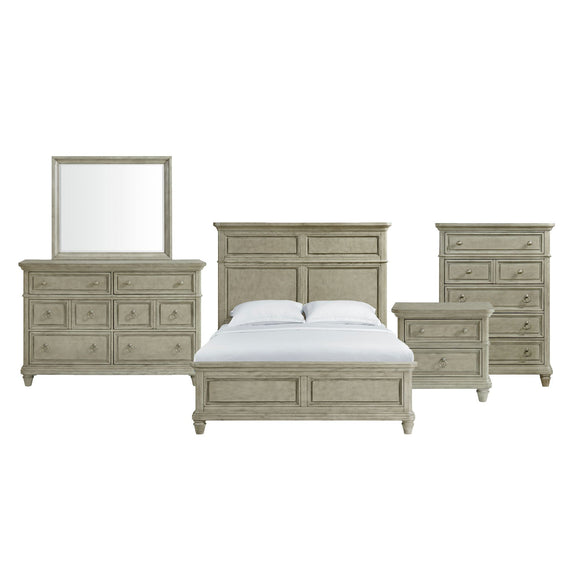 Whit-Ash panel bedroom set: light gray bed with nightstands, dresser, and wall mirror
