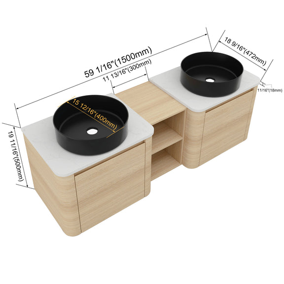 Wall-mounted bathroom vanity dimensions with two black round art sinks and open center shelf