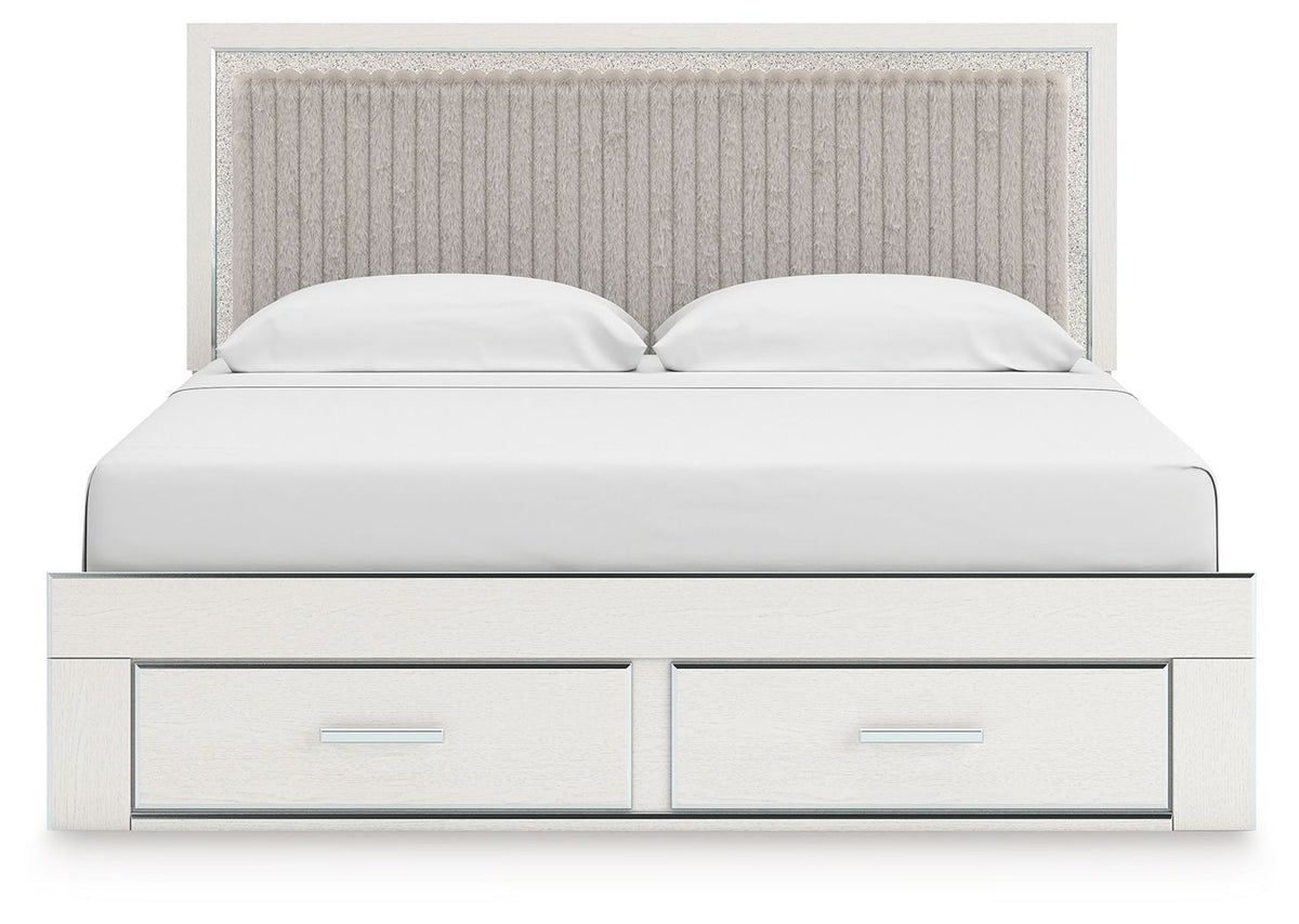 Upholstered panel platform storage bed, white frame with 2 drawers and beige upholstered headboard