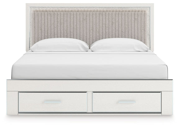 Upholstered panel platform storage bed, white frame with 2 drawers and beige upholstered headboard