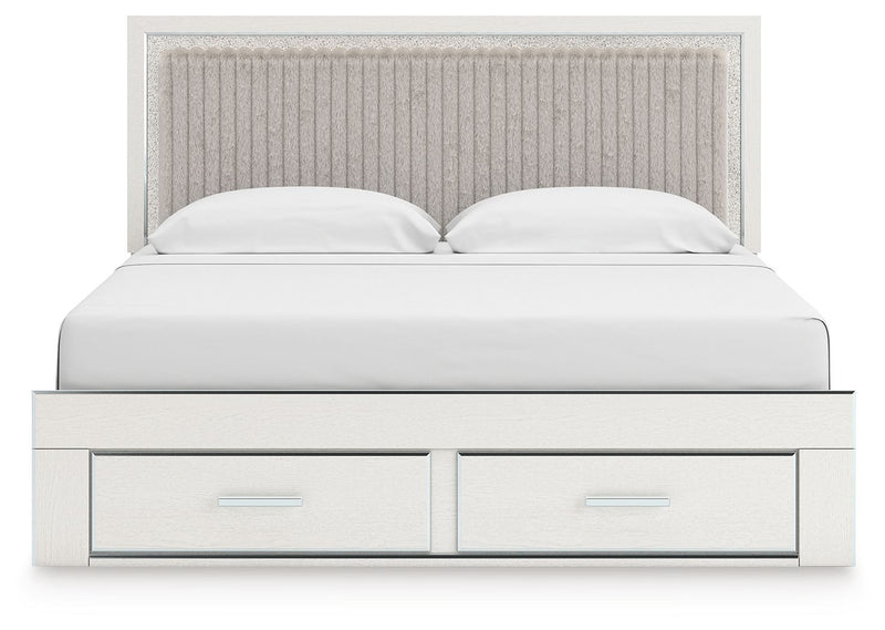 Upholstered panel platform storage bed, white frame with 2 drawers and beige upholstered headboard