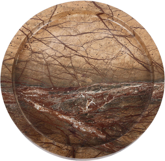 Tan marble tray with round shallow basin and red-brown and dark vein streaks